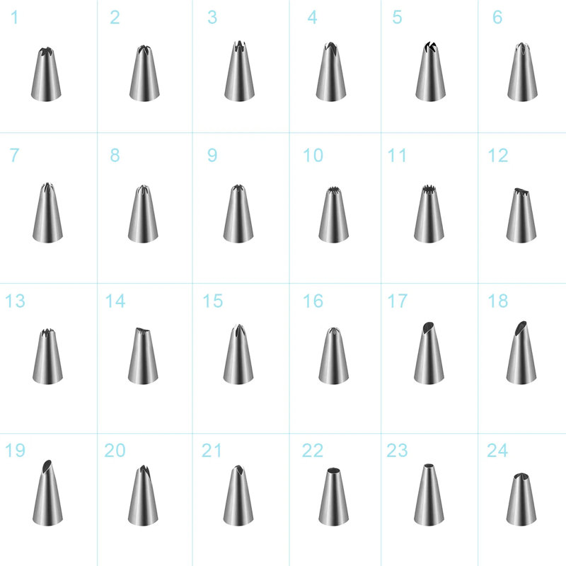 L'ensemble de 24 pièces de tuyaux et d'outils de décoration de gâteaux en acier inoxydable comprend une brosse de nettoyage pour connecteur de sac passepoil en silicone et une boîte de rangement. Un ensemble multifonctionnel de cuisson et de décoration de gâteaux - un choix de cadeau parfait