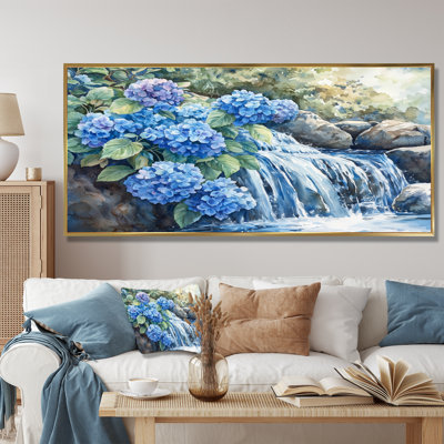Ilyena Hydrangeas By The Waterfall II - Hydrangea Canvas Wall Art