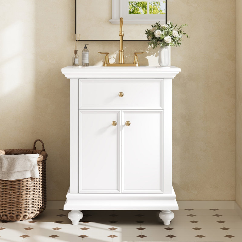 Meuble-lavabo moderne de 24 po avec tiroir basculant et charnières à fermeture en douceur, armoire de salle de bain avec structure ouverte au dos, pieds tournés en boule avec élégance française