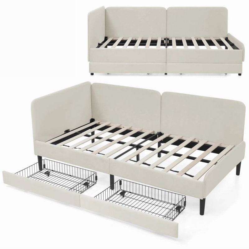 Full/Twin Size Velvet Storage Bed with 2 Drawers, Adjustable Sofa Bed Frame No Box Spring Needed, 300LBS Capacity, Twin