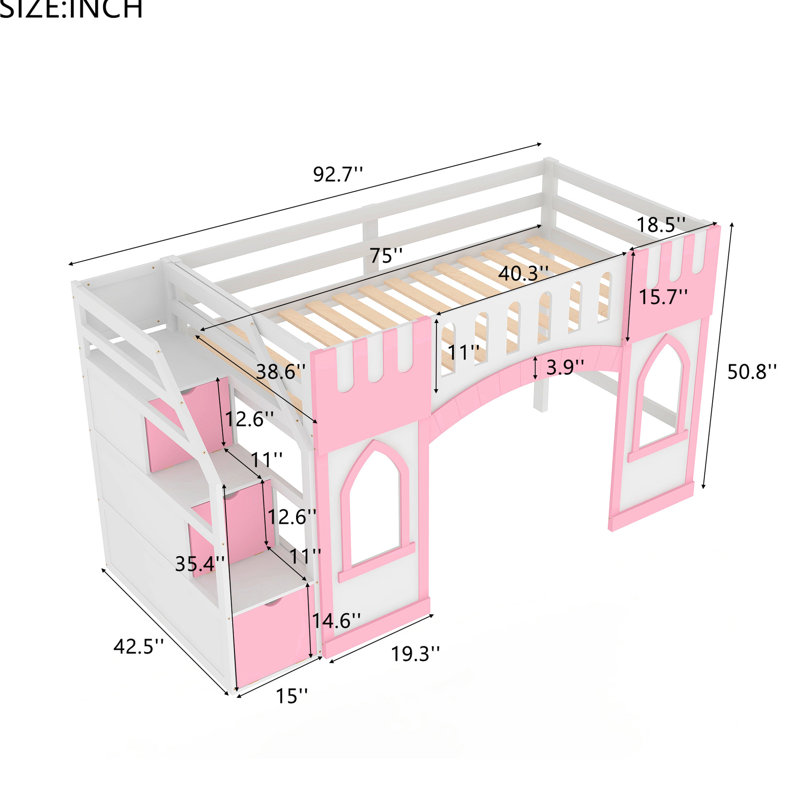 Lit mezzanine simple rose avec espace de rangement, escalier et fenêtre, Rose