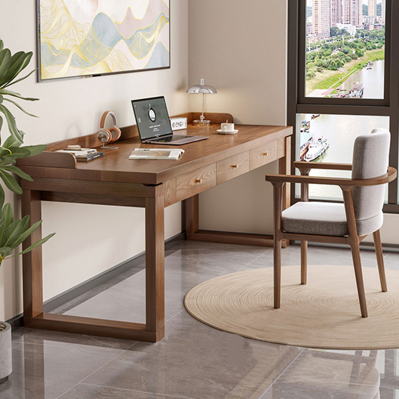 Bureau rectangulaire brun en bois massif avec 3 tiroirs, H 29,53 po x l 70,87 po x P 23,62 po