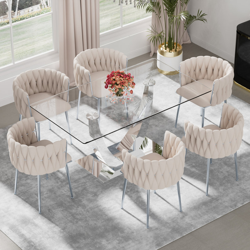 Ensemble de salle à manger rectangulaire à piédestal avec chaise tissée, H 29,5 po x L 63 po x l 35,4 po - Argent, Beige