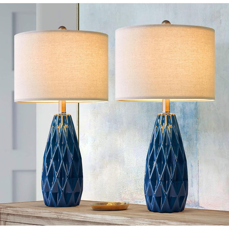 Modern Blue Ceramic Table Lamp Set with Beige Linen Shades