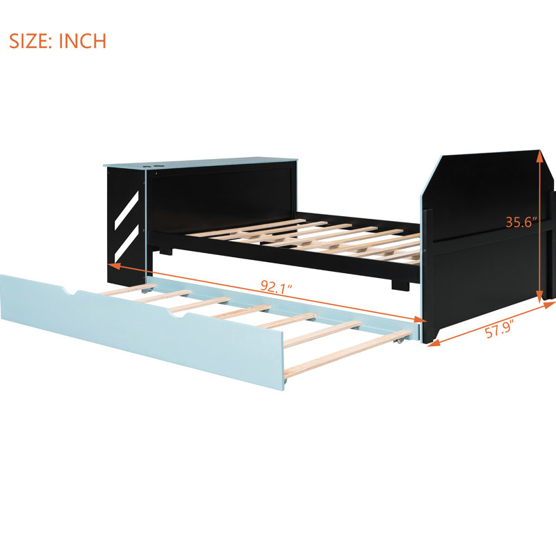 Lit de jour double en bois avec lit gigogne simple, bureau et bleu nuage, idéal pour le sommeil des adolescents, Blue