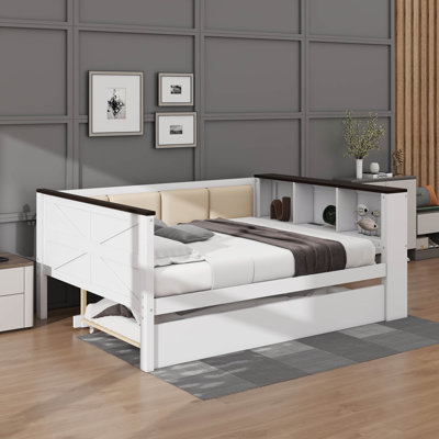 Full-Size Daybed Featuring Storage Racks, Cushioned Backrest, USB Charging Port, And Pull-Out Trundle