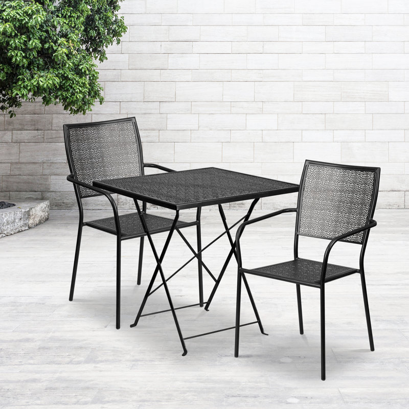 Raiden 28'' Square Indoor-Outdoor Folding Patio Table Set with 2 Square Back Chairs, Black