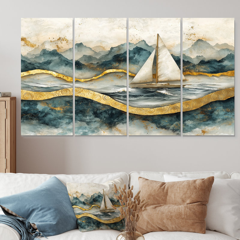 Voilier doré sur l'océan émeraude I - Art mural bateau - Art mural moderne, décoration murale, H 32 po x l 64 po