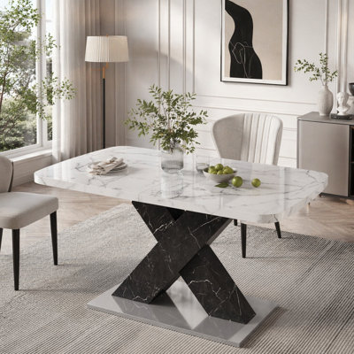 Modern Rectangle Extendable Dining Table with Marble Print and Black Base