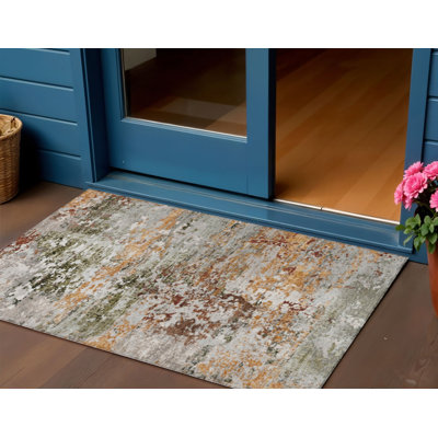 Tapis d'intérieur/extérieur abstrait 90 x 150 cm, gris terre cuite et ivoire, lavable