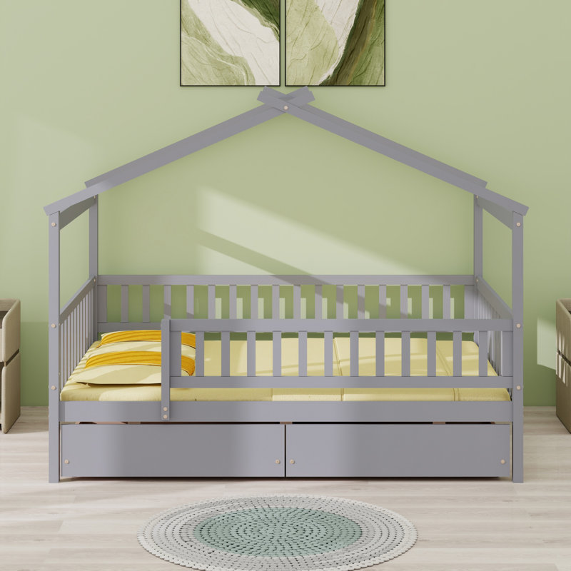 Lit en bois avec deux tiroirs, gris