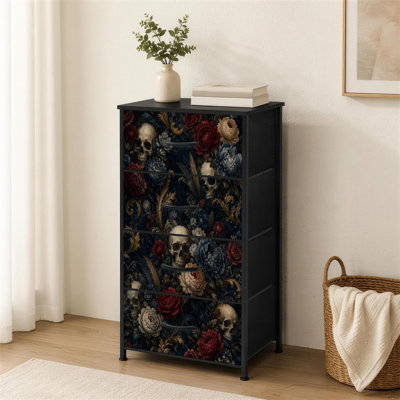 Commode 4 tiroirs pour chambre à coucher Halloween crâne floral foncé rouge fleurs bleues or baroque petite commode à vêtements haute pour organisateurs de garde-robe avec commode