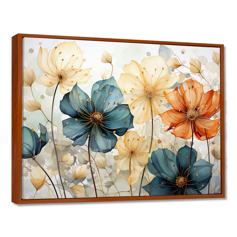 «Teal Orange Petal Mosaics I», art mural abstrait botanique pour le salon, H 24 po x l 32 po, Brun