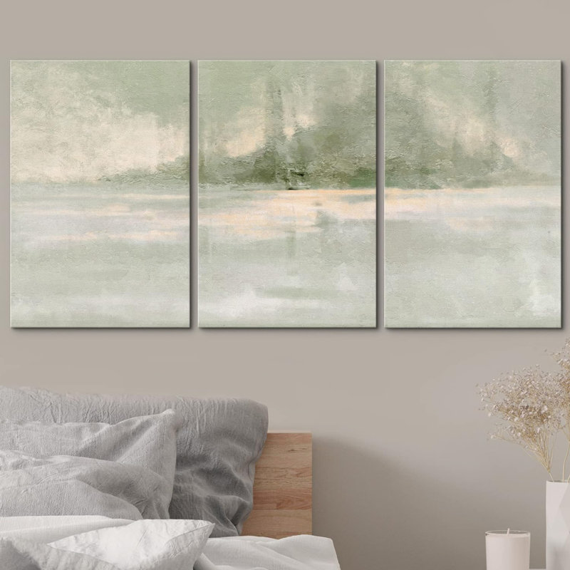 Minimaliste vert pastel grunge paysage formes abstraites moderne Art Decor Chic, H 24 po x l 48 po, Toile tendue, Sans cadre