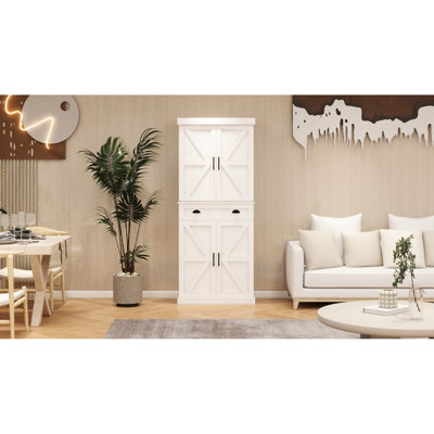 Armoire autoportante de 71 po pour la cuisine - blanche. 4 portes, 1 tiroir, 2 tablettes réglables. Offre beaucoup de rangement. Peinture. Stable et facile à assembler. Convient à différentes pièces