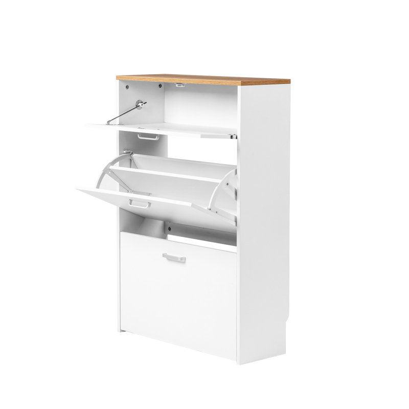 Hidden Shoe Cabinet With 3 Flip Drop-Down Door, Brown/White