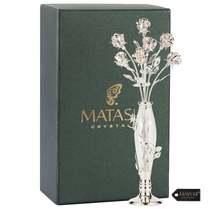 Silver Plated Crystal Studded Rose Bouquet in an Elegant Vase, Beautiful  Flower Ornament Crafted with Stunning Crystals by Matashi