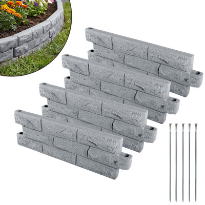 Bordure de faux paysage en brique - 4 pièces L 25,91 po x l 2,17 po x H 7,87 po avec bordure de jardin fleurie d'une longueur totale de 8 pi - Bordure pour aménagement paysager, parterre de fleurs, bordure de jardin (gris)