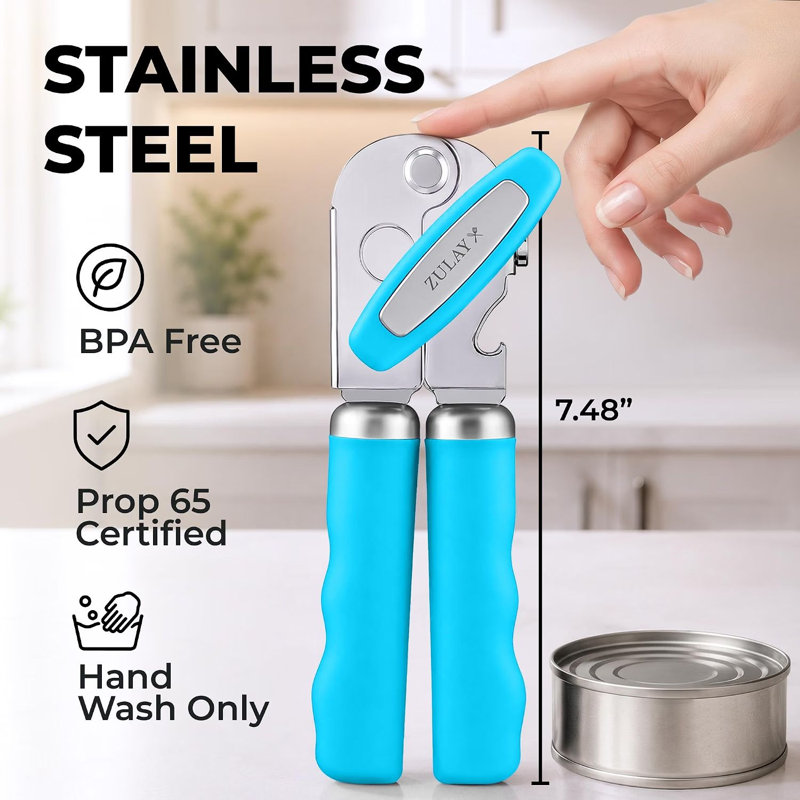 Ouvre-boîte manuel en acier inoxydable robuste avec ouvre-bouteille Zulay Kitchen, Bleu pâle
