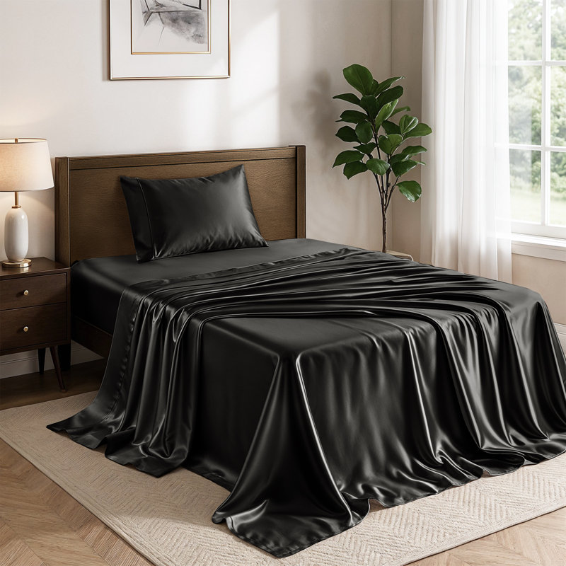 Drap-housse luxueux 4 pièces Lux Satin, Ensemble de draps pour lit simple avec 1 taie d'or, Noir