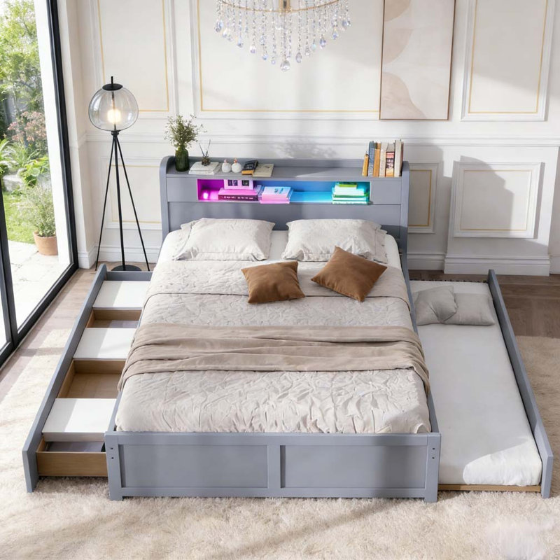 Grand lit plateforme en bois avec rangement à DEL