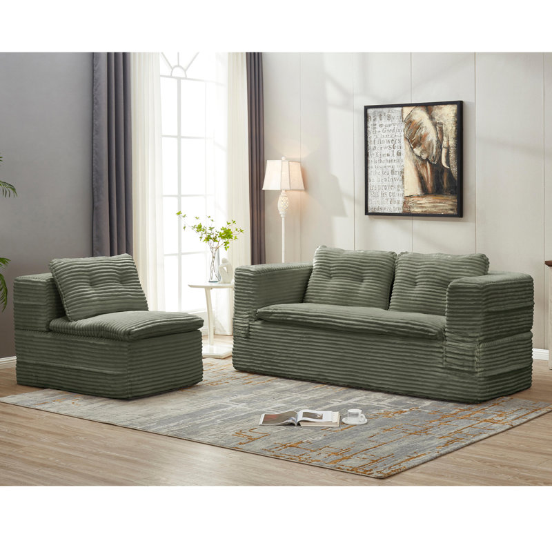 Boneless 80" King-Size Sleeper Sofa Bed Compression Convertible Couch Bed with Blanket, Green