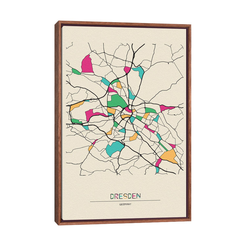 Dresden, Germany Map by Ayse Deniz Akerman - Floater Frame Print on Canvas, Brown Floater Frame, 66.04 cm H x 45.72 cm W