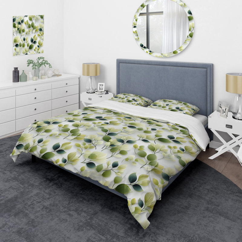Literie de feuilles de wasabi blanches et vertes, Housse de couette pour très grand lit et 2 très