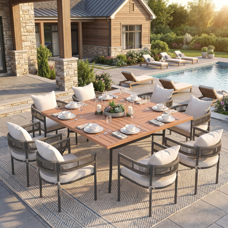 Ensemble de salle à manger carré pour patio 8 personnes avec table de 150 cm et 8 chaises en rotin avec coussins et oreillers