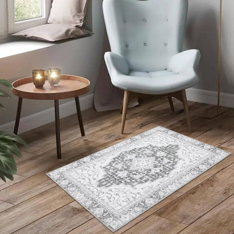 2x3 Boho Printed Area Rug – Soft Washable Carpet, Distressed Pattern, Non-Slip, Foldable, Low Pile for Living Room, Bedroom, Office (Blue)