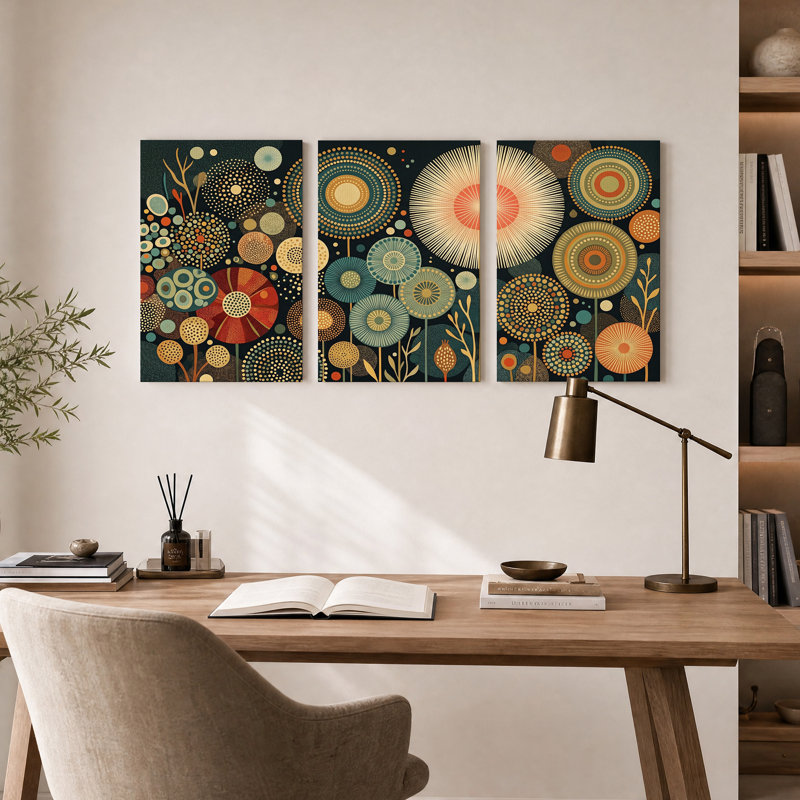 Ensemble de 3 toiles murales à motifs floraux rétro turquoise et orange, 18"H x 12"W x 3pcs