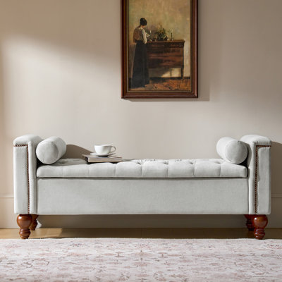 Delor Traditional 59.5" W Storage Bench with Two Circular Pillows and Solid Wood Legs