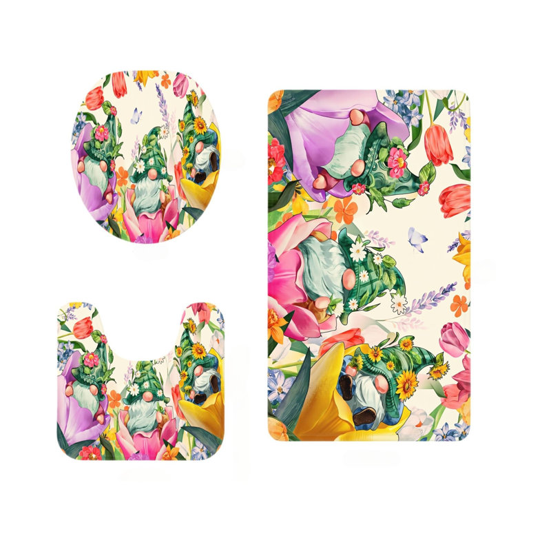 Spring Gnome Floral Print Set of 3 Bathroom Rug Collection Multi