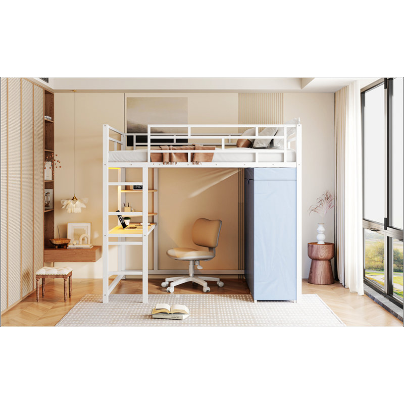 Lit mezzanine double en métal avec bureau, Blanc, Double