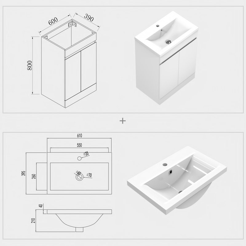 Aneka 610mm Single Bathroom Vanity with Drop In Ceramic Basin