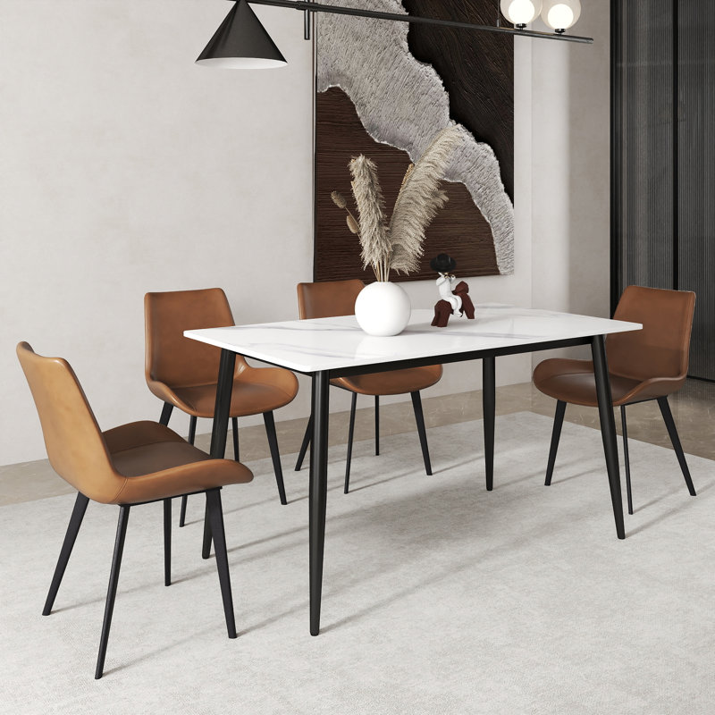 Fairy Nedek 5-Piece Modern Rectangular Dining Table Set With 4 Brown Faux Leather Chairs, Snow White