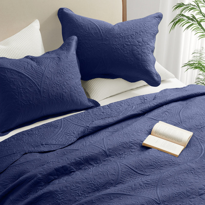 Lightweight All-Season Reversible Quilted Bedspread Set with Pillow Shams, Navy