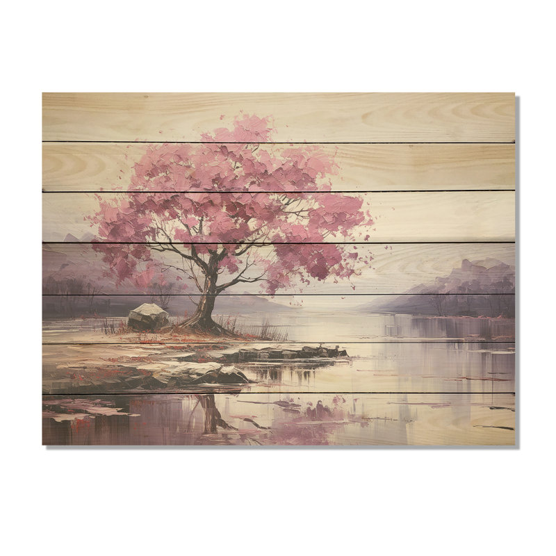 Fleur de cerisier mauve au bord du lac II - Fleur de cerisier sur bois, H 34 po x l 44 po