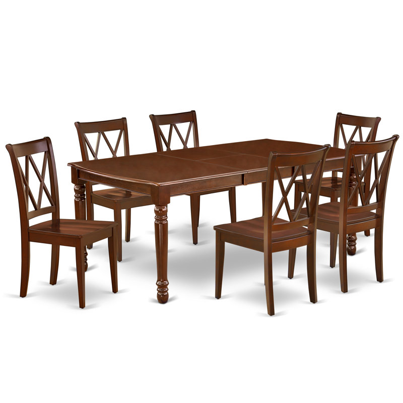 Ensemble de table de salle à manger 7 pièces composé d'une table rectangulaire avec rallonge papillon et 6 chaises en bois, acajou