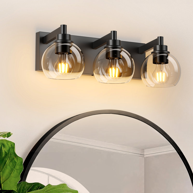 Modern Vanity Light with Clear Glass Globe Shades, 3, Black