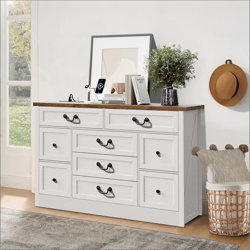 Meuble télé avec 9 tiroirs, grande armoire de rangement, commode longue avec prise de courant, commode large pour chambre à coucher, salon