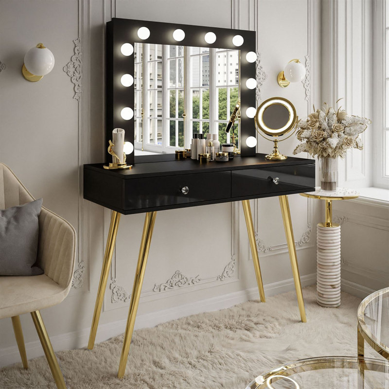 Antonius Dressing Table with Mirror, Gold Chrome/Black