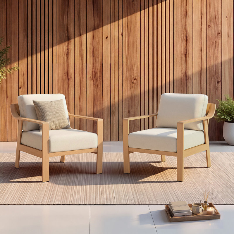 Aluminum Patio Armchair With Cushions, Beige Cushion/Natural Wood Frame