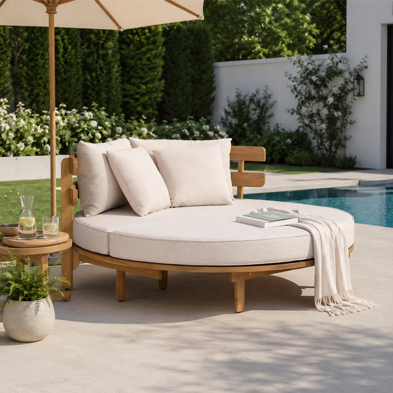 Lit de jour d'extérieur rond en bois d'acacia avec dossier incurvé à lattes, coussin pliable et 4 coussins
