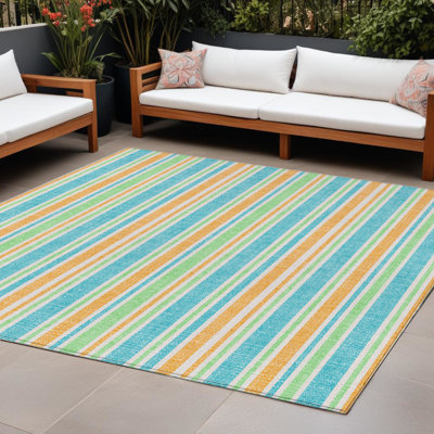 Tapis extérieur lavable antidérapant à rayures jaunes et vertes 10 pi x 14 pi bleu sarcelle