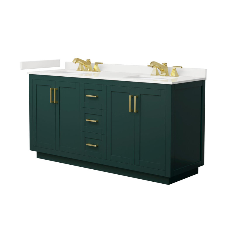 Miranda 66" Freestanding Double Bathroom Vanity with Quartz Top, White Quartz, Green, Brushed Gold