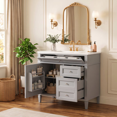 Meuble-lavabo moderne de 91 cm (36 po) avec lavabo simple, meuble de rangement pour salle de bain, lavabo de table, 2 tiroirs et 1 tiroir à bascule, bleu