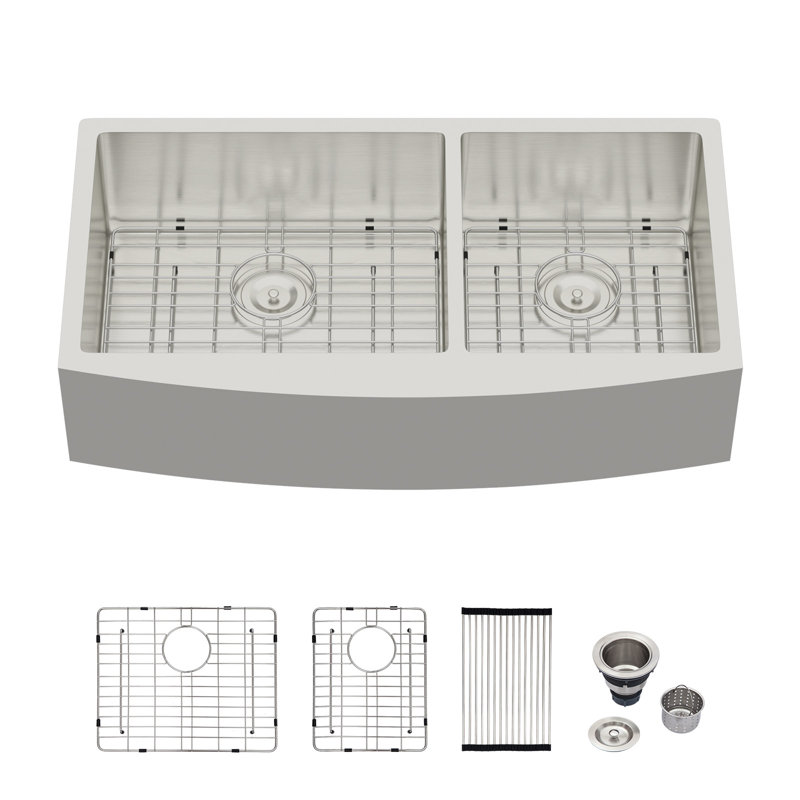 Évier de cuisine de style ferme de 91 cm (36 pouces) en acier inoxydable, double cuve, tablier avant.