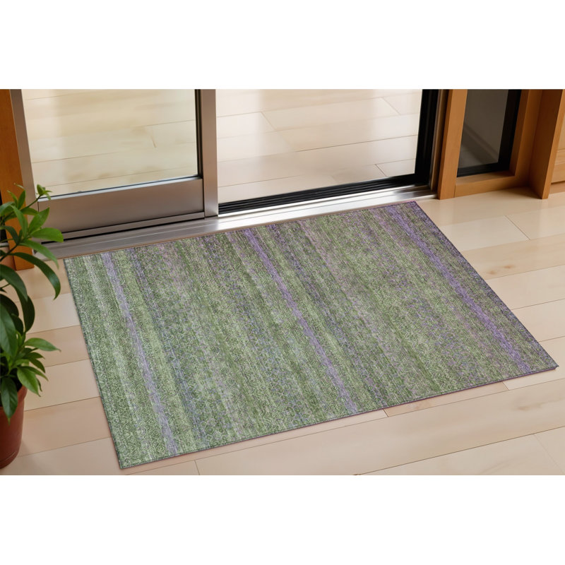 3' X 5' Olive Green And Purple Striped Washable Indoor Outdoor Area Rug