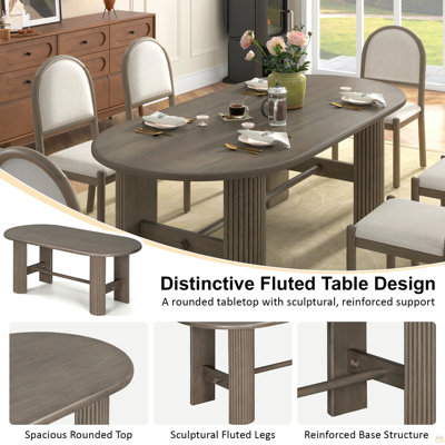 Ensemble de table à manger 7 pièces pour 6 personnes, table de cuisine ovale de 184 cm avec 6 chaises de salle à manger rembourrées, pied central en bois cannelé pour salle à manger (Espresso)